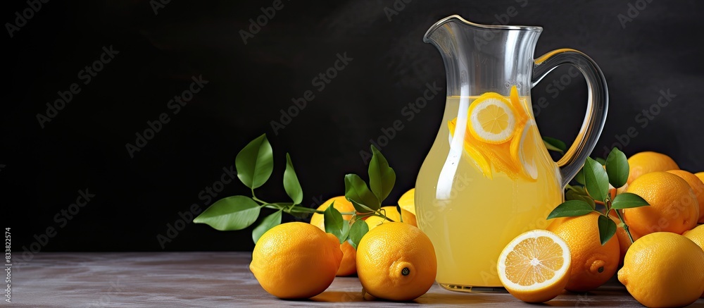 Aufkleber A homemade pitcher of orange lemonade is displayed on a gray backdrop with a focused shot, creating a serene copy space image.