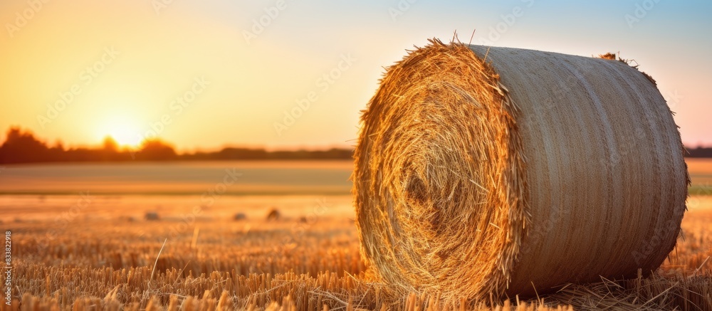 Poster a stunning closeup of a hay bale in a field at sunset with a beautiful copy space image.