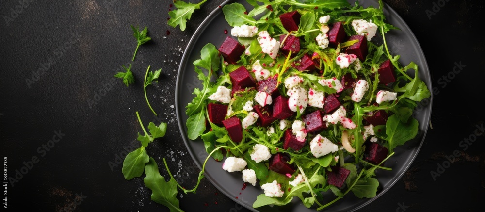 Aufkleber vibrant beetroot and feta salad on fresh greens, with a top-down view showing a lack of individuals,