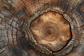 Fototapeta premium Detailed view of a tree stump showing the intricate patterns of growth rings and natural wood texture