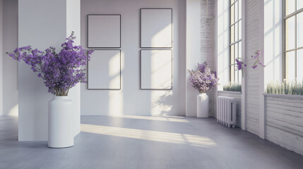 Fototapeta premium Mock up of frame with small plants in vase on white classic wall ai generated