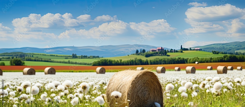 Aufkleber meadow with haystacks and white flowers, providing a charming countryside scene with a rustic touch 