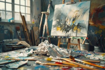 Render an abstract artists studio with scattered paint brushes, crumpled sketches, and splattered canvases in vibrant oil painting style