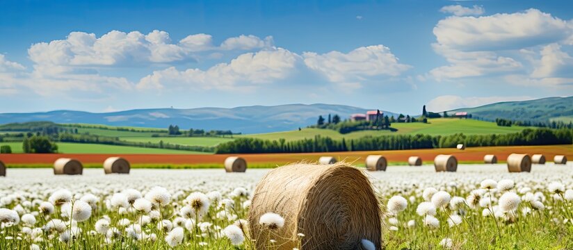 Meadow with haystacks and white flowers, providing a charming countryside scene with a rustic touch and copy space image.