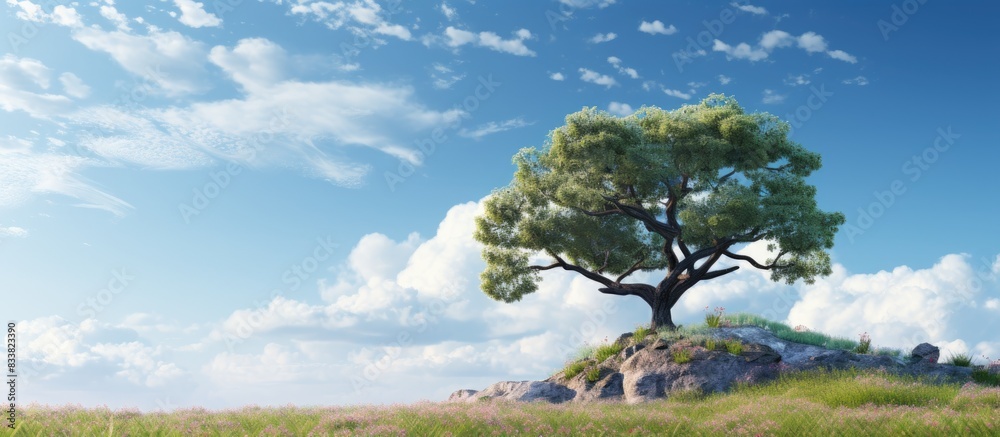 Poster Tree set against a picturesque blue sky dotted with fluffy clouds, providing a serene backdrop for the scene with plenty of copy space image.