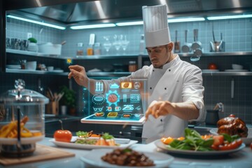 Close up of professional chef hands using tablet or innovation technology while cooking form...