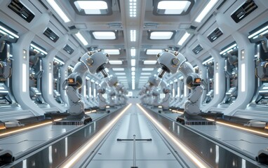 Naklejka premium Visualize a futuristic smart manufacturing facility with robots and advanced technology, blending futuristic elements with a sleek and clean design, suitable for digital rendering