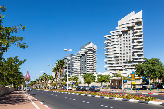 High-rise buildings on Exodus Street in the Marina district of Ashdod, Israel
