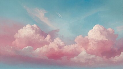 Colorful Pastel Watercolor Pink Clouds with Tranquil Blue Sky in Digital Art for Background Wallpaper Illustration. Generative AI