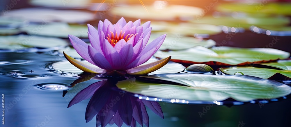 Poster a purple lotus in a serene pond offers a tranquil setting with copy space image.