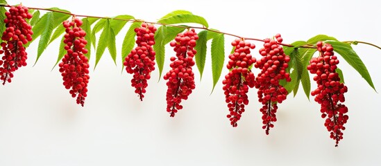 Staghorn sumac tree featuring red berries and green leaves against a white background with copy space image. - Powered by Adobe
