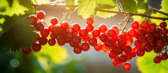Ribes rubrum berries, fresh and ripe, growing on a bush in a sunlit summer garden with copy space image. Organic and healthy ingredients.