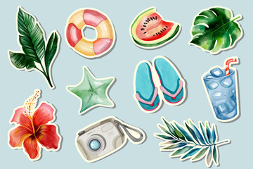 Watercolor summer stickers. Beach. Exotic palm leaves. Summertime elements.