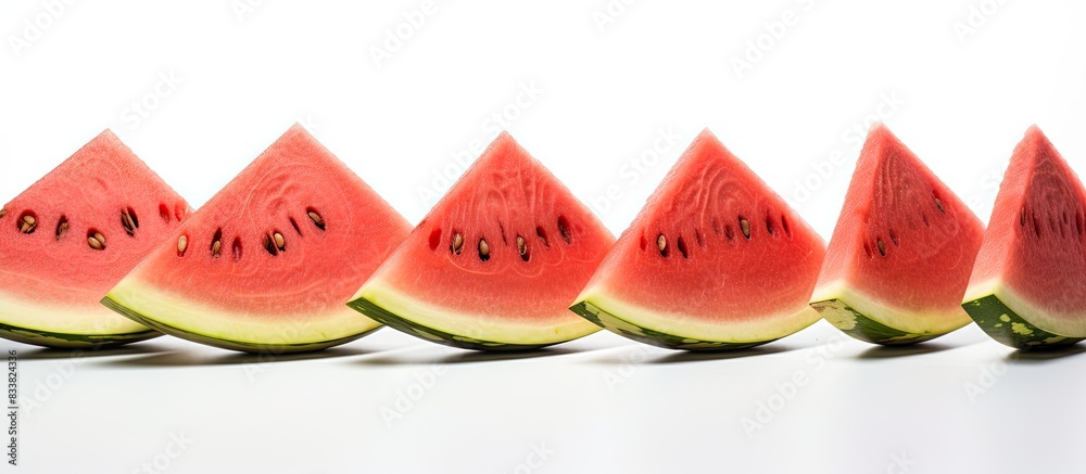 Leinwandbilder Ripe red watermelon slices displayed on a white background with a copy space image.