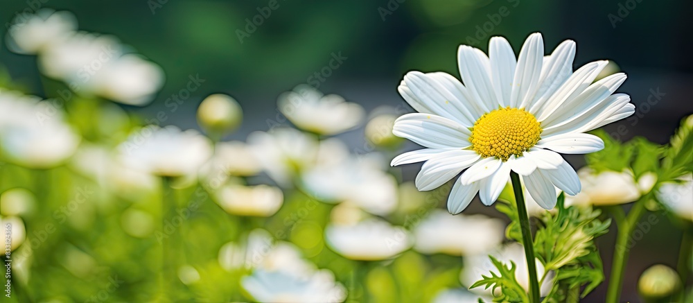 Poster A white daisy bloom against a backdrop of greenery, with space for including images. with copy space image. Place for adding text or design