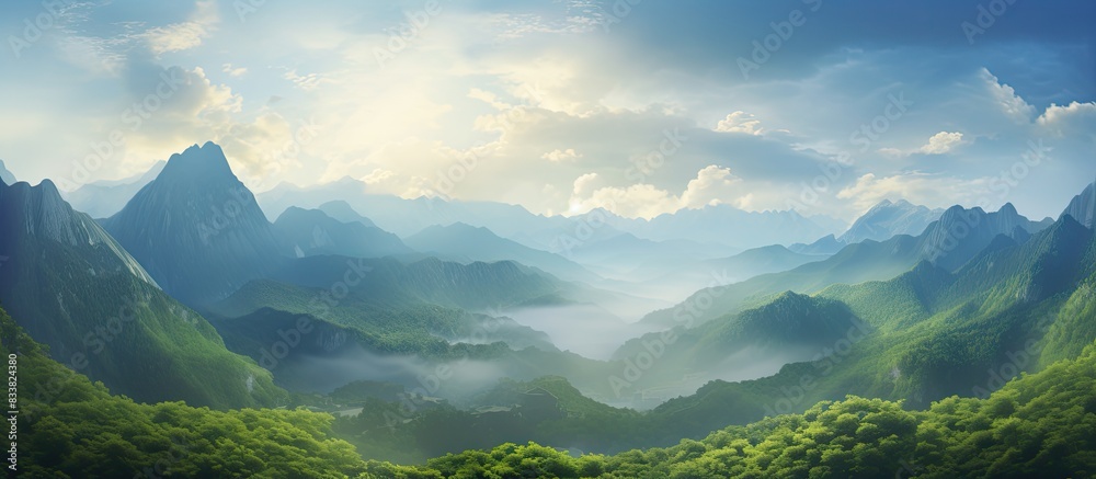 Poster observe the breathtaking natural scenery with mountains in the background, perfect as a copy space i