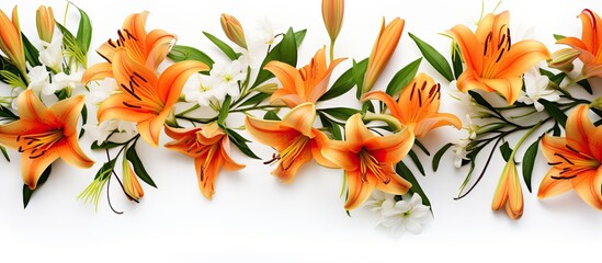 Summer garden with orange lilies on a white backdrop, perfect for a copy space image. © vxnaghiyev
