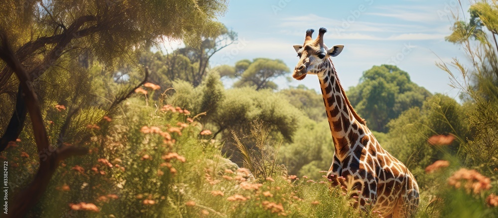 Poster A giraffe peacefully grazing on foliage in a tranquil natural setting with a serene backdrop, ideal for a copy space image.
