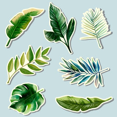 Watercolor tropical leaves stickers. Set of exotic leaves. Hand drawn floral stickers. Palm leaves.