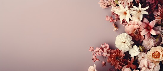 An artistic arrangement of flowers on a soft-colored background with copy space image.