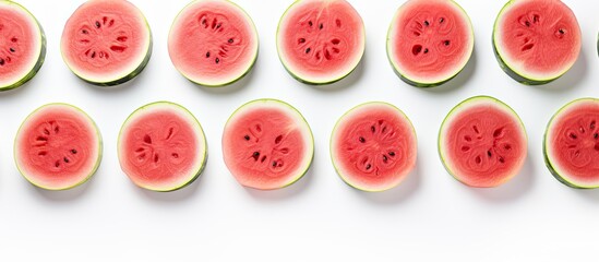 Fototapeta premium Watermelon slices displayed on a white backdrop with ample copy space image.