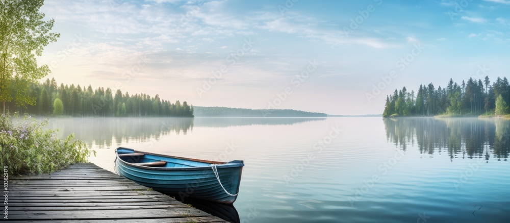 Poster a boat rests on a wooden dock by a serene swedish lake with copy space image available.