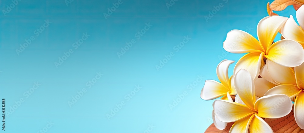 Poster Frangipani flower on top of a vibrant background with space for adding images. with copy space image. Place for adding text or design