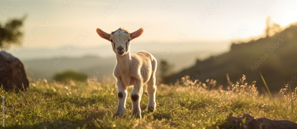Poster small goat walking in a picturesque countryside setting with copy space image available.