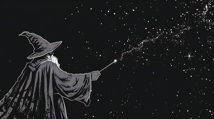 A wizard stands in the night sky, holding a staff. He is wearing a long robe and a tall hat.