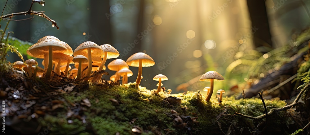 Poster fungi growing in the heart of the dense forest, with ample copy space image.