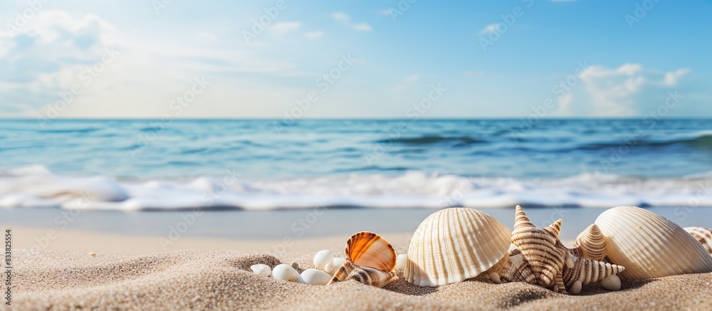 Poster Seashells adorn a sandy shore with a vast copy space image available.