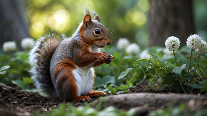Fototapeta premium Squirrel in the park in spring, with flowers around