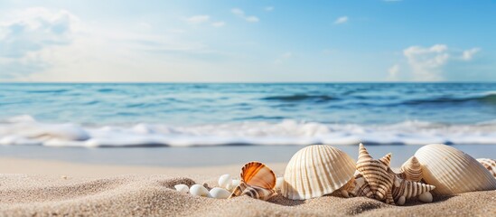Obraz premium Seashells adorn a sandy shore with a vast copy space image available.