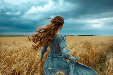Obraz premium Woman in Historical Dress Standing in Wheat Field