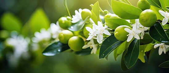 The plant displays blooming lime flowers with copy space image.