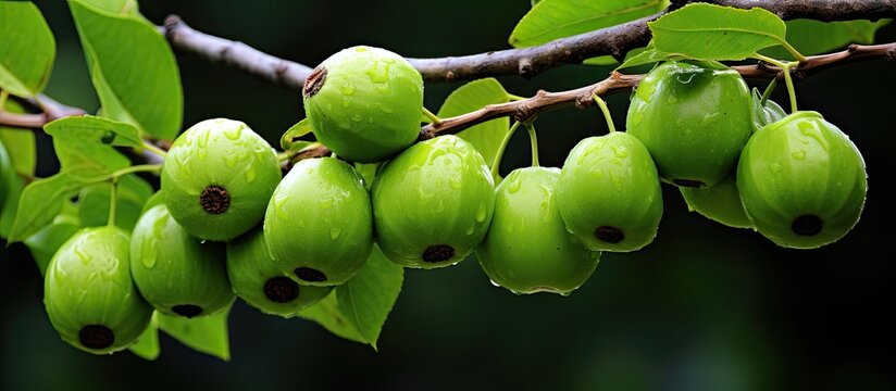Close-up view of unripe cordia dichotoma (Gundi) tree fruits, with copy space image