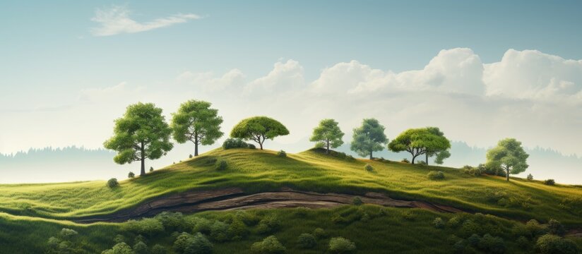 Sal Trees forest thriving on hilly terrain with a stunning background ready for a copy space image.