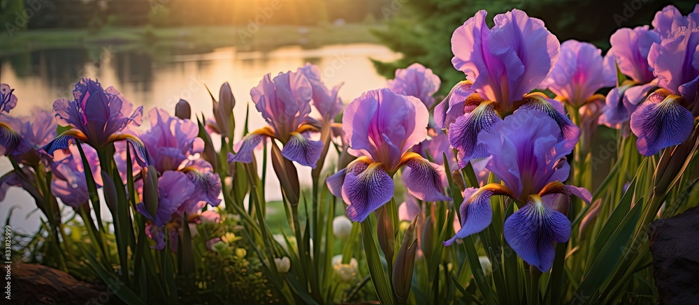 Aufkleber Iris flowers in the garden with vibrant colors, providing a picturesque view and space for adding text or designs. with copy space image. Place for adding text or design