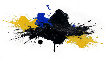 Abstract Splash of Acrylic Black, Yellow, and Blue Paint on Transparent Background. Generative AI