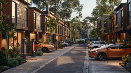 Fototapeta premium A street with a row of houses and cars parked on the side