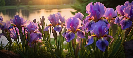 Iris flowers in the garden with vibrant colors, providing a picturesque view and space for adding text or designs. with copy space image. Place for adding text or design