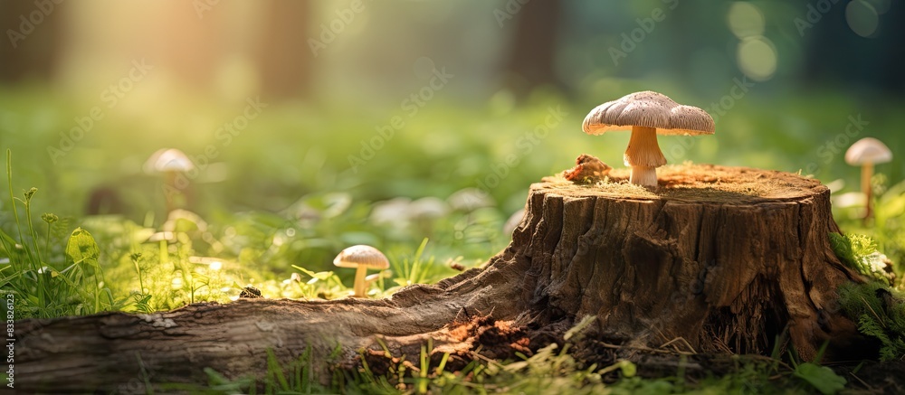 Poster Nature background showing an old stump with a mushroom on it, providing space for text or graphics (copy space image).