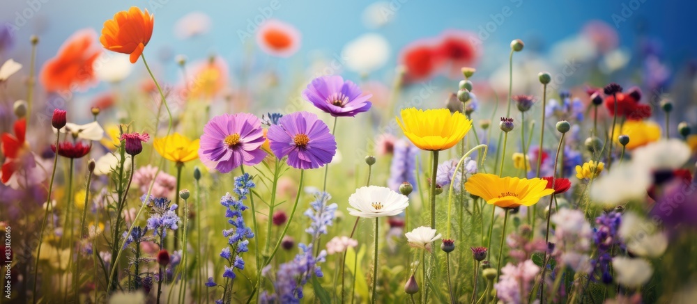 Poster Colorful wildflowers bloom in a spring meadow, creating a vibrant background for a copy space image.