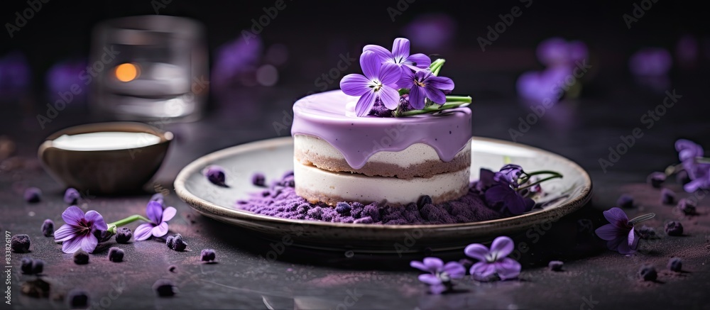 Poster sweet dessert decorated with a purple flower on top, creating an appealing look with a copy space im
