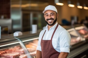 Fototapeta premium Young smiling butcher slicing expensive organic meat shop grocery store vendor satisfied customer beef pork chicken fresh food raw uncooked food supply protein product butchery barbecue store