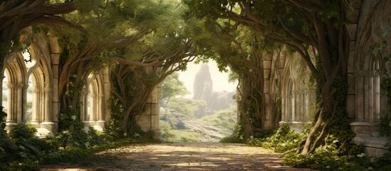 Obraz premium A tree-lined avenue with a beautiful archway of vines offers a picturesque scene with a copy space image.