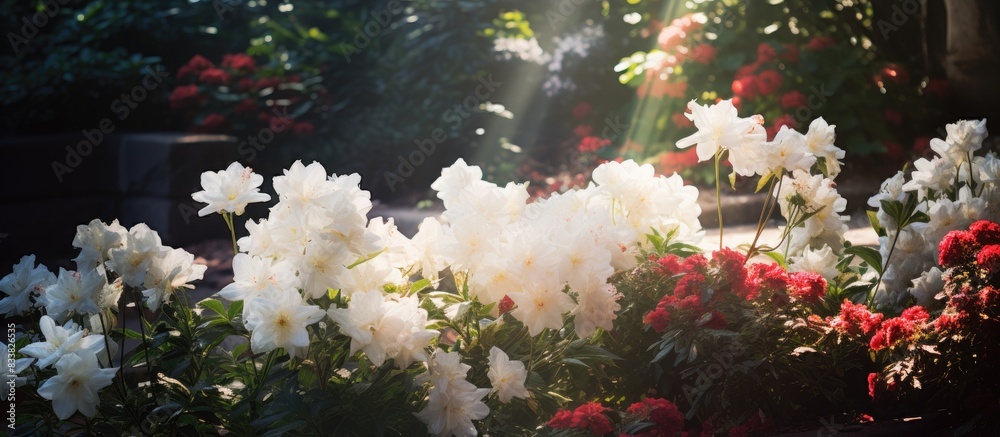 Poster park garden with white and red flowers set against dark shadows and sunlight filtering through, idea
