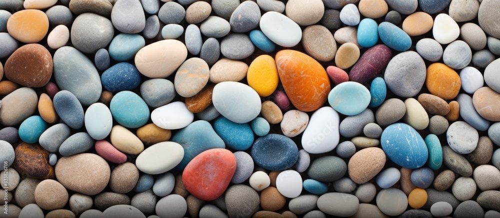 Aufkleber top view of colorful pebbles on the sandy beach with a textured finish, creating an eye-catching cop
