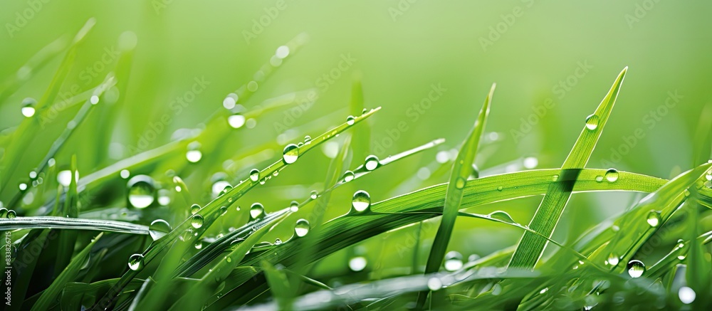 Aufkleber Close-up macro image of raindrops on clean green grass with ample copy space image.