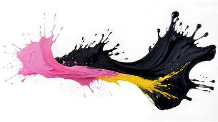 Abstract Splash of Acrylic Black, Yellow, and Pink Paint on Transparent Background. Generative AI